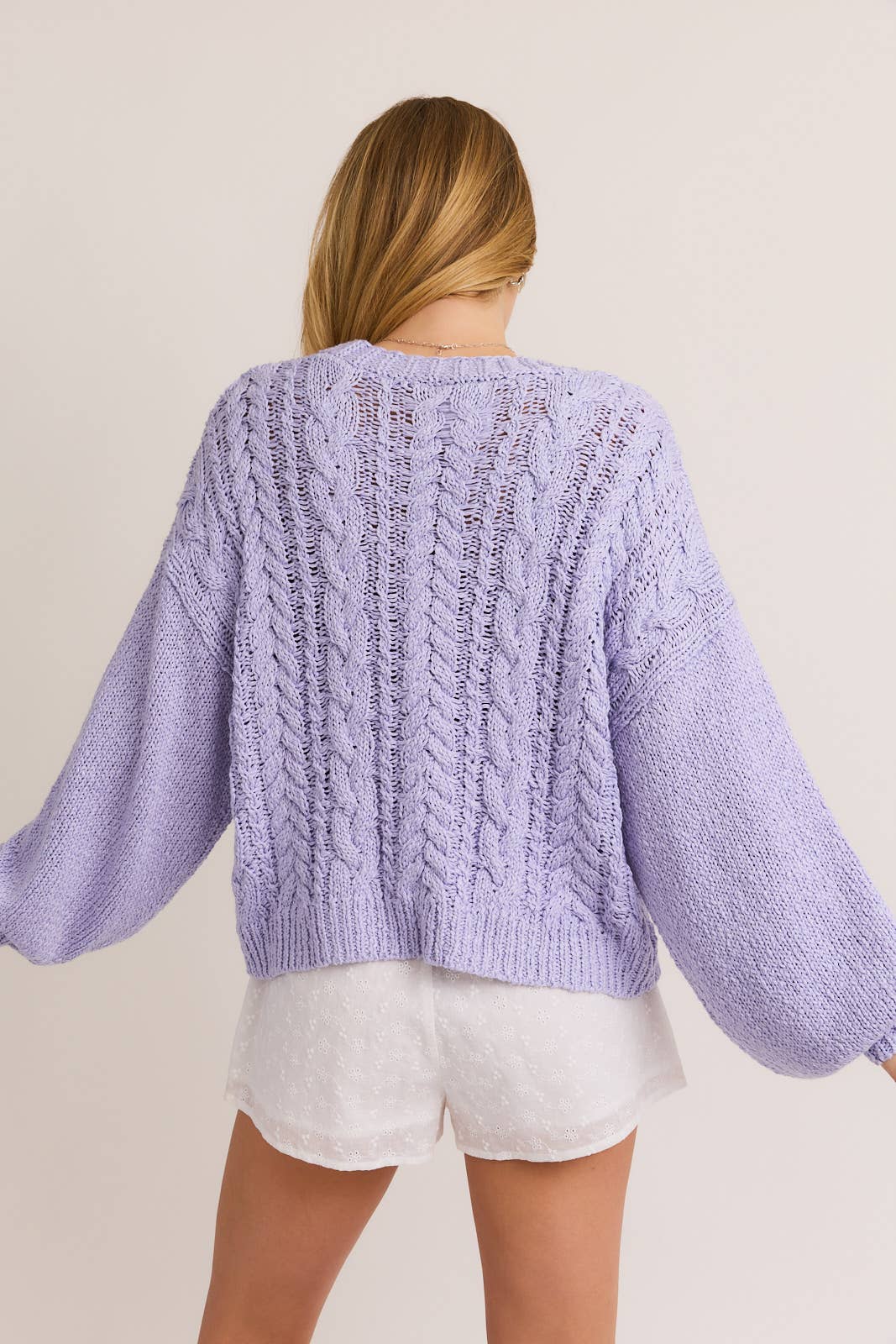 FRONT TIE CABLE CARDIGAN: LAVENDER /