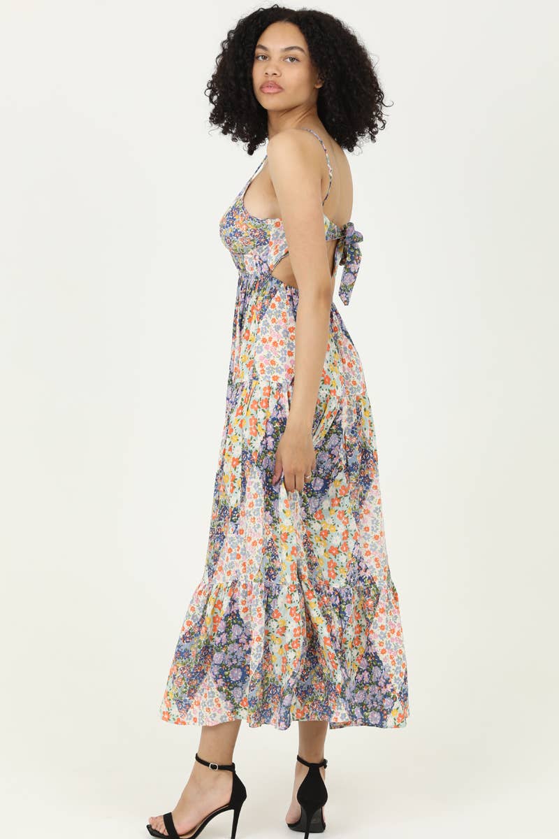 F4F72-FQ85 V NECK OPEN TIE BACK MAXI DRESS