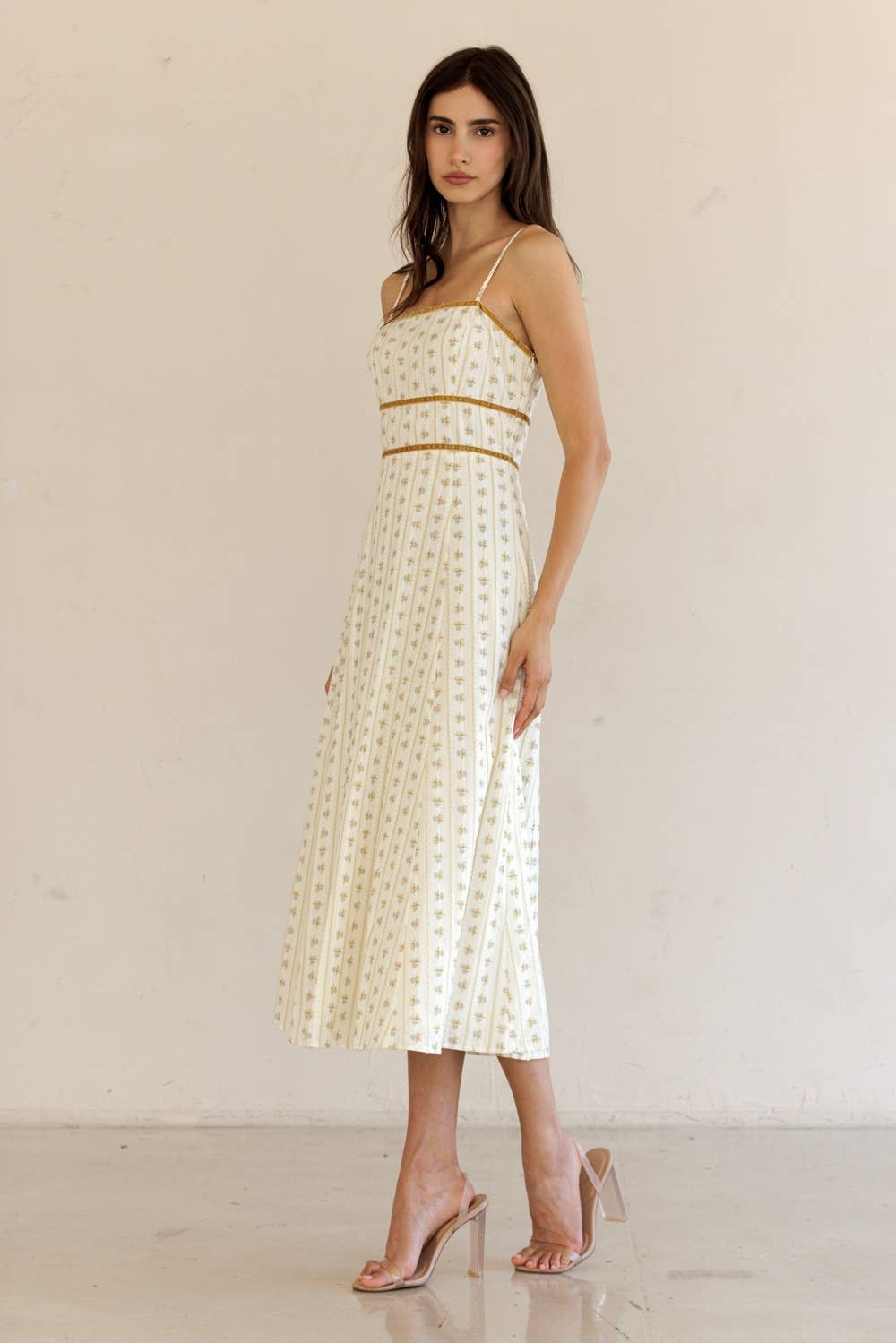 JD7723-FLORAL STRIPED MIDI DRESS: CREAM/YELLOW FLORAL