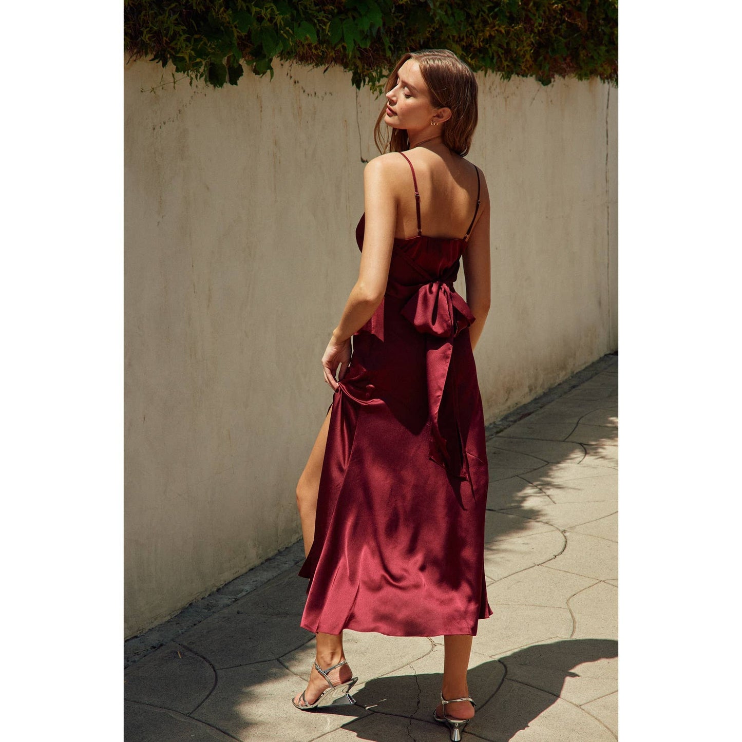 Satin Tie-Back Slit Midi Dress: SANGRIA / FD4571_1
