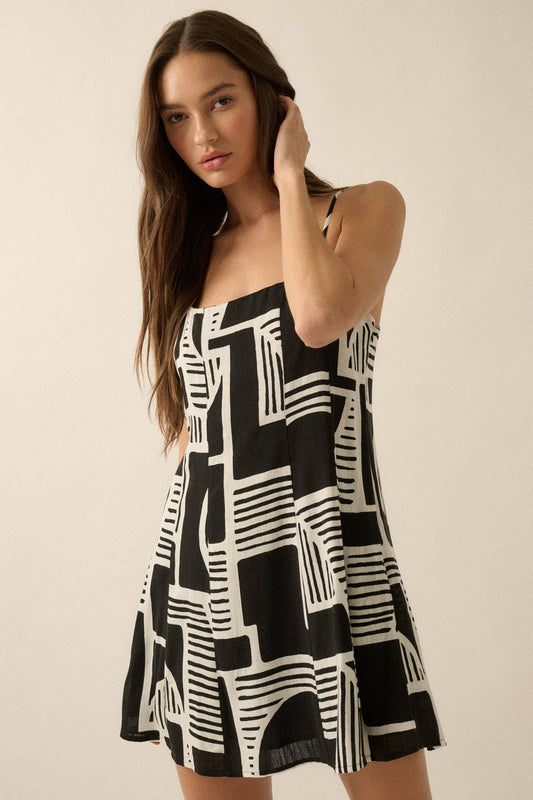 Abstract-Print A-Line Cami Mini Dress: BLACK / UDC0457C