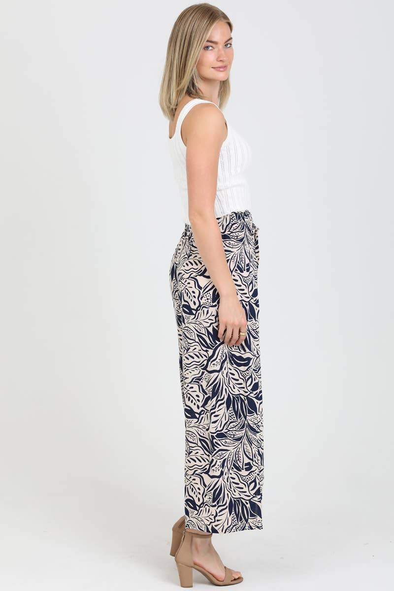 25P63-FQ81 PRINTED WIDE LEG PANTS WITH FRONT SLITS AND TIE W