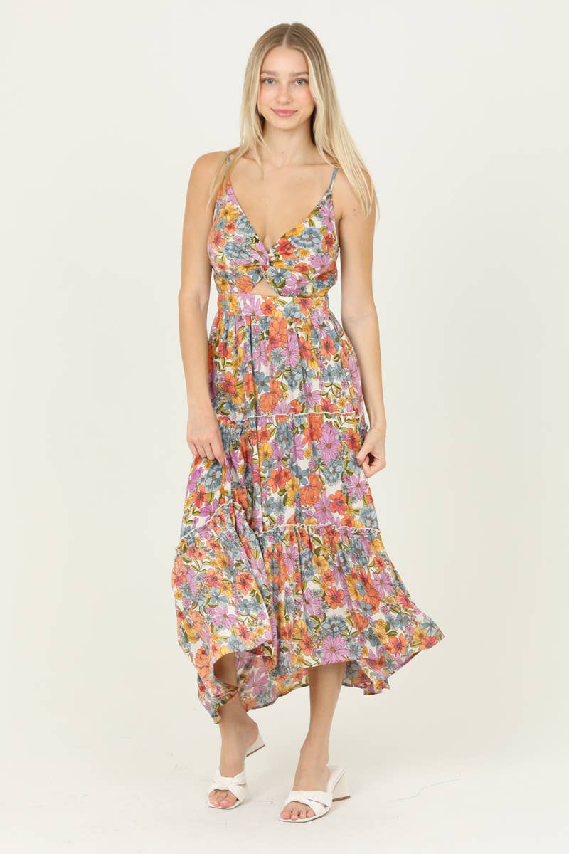 C4A91-A855 TWIST FRONT CUT OUT TIERED MAXI DRESS
