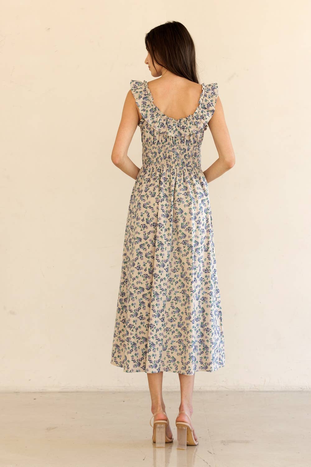 JD9158-RUFFLED SHOULDER MIDI DRESS: BEIGE
