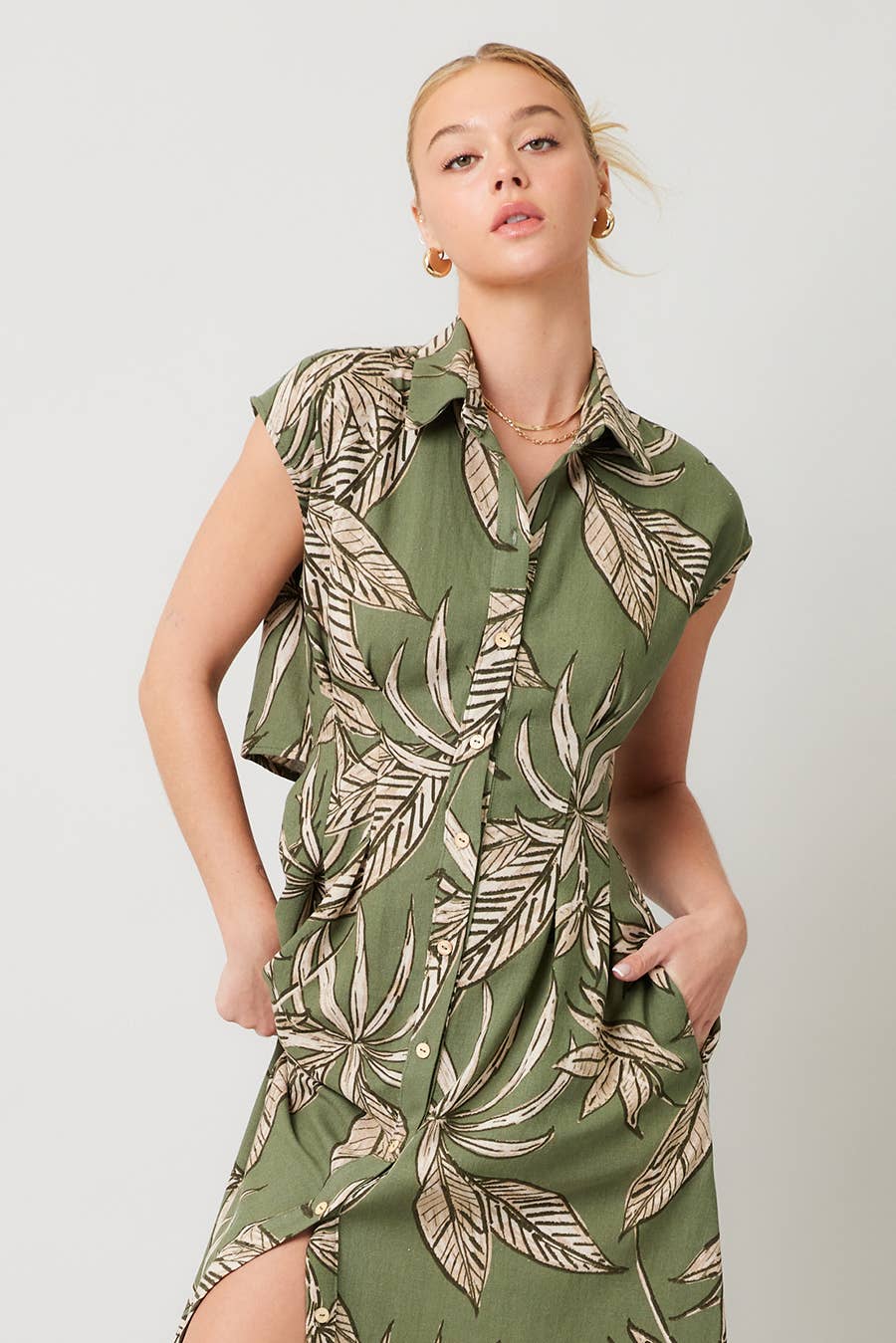 Printed Linen Cut Out Back Midi Dress : OLIVE / IM8755