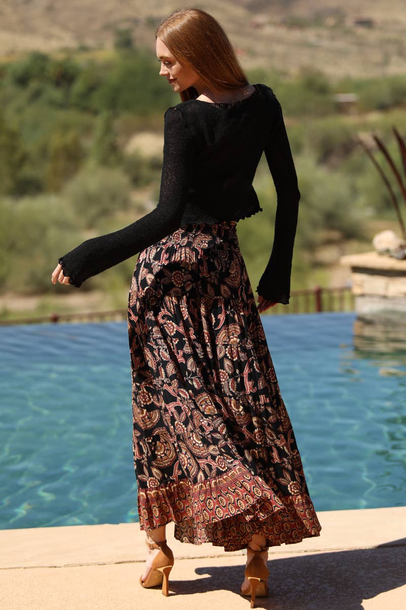 26P57-A889 TIERED PRINTED A LINE MAXI SKIRT