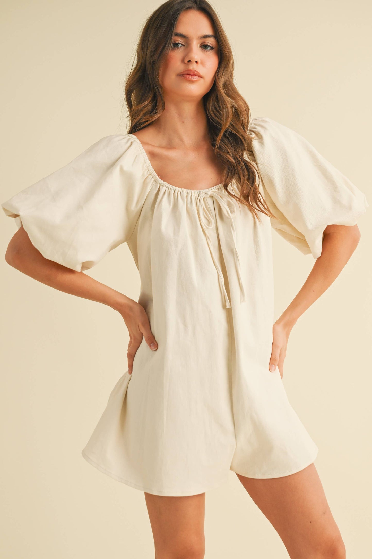 IR2196-A PUFF SLEEVE RELAXED FIT BOXY DENIM ROMPER: CREAM