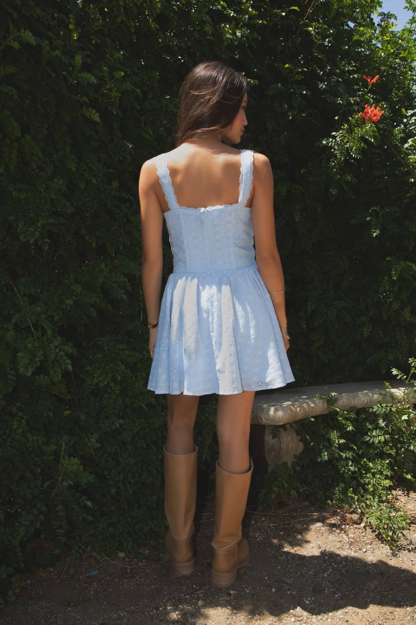AUDREY Eyelet Embroidery Sleeveless A Line Summer Mini Dress: Linen Blue / DH30964-AUDREY-LINEN BLUE