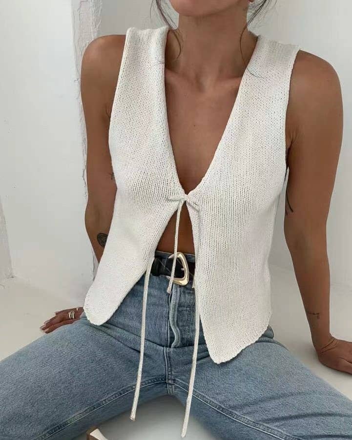 Stylish Sleeveless Lace-Up Knitted Vest: White / RCJW02216-White
