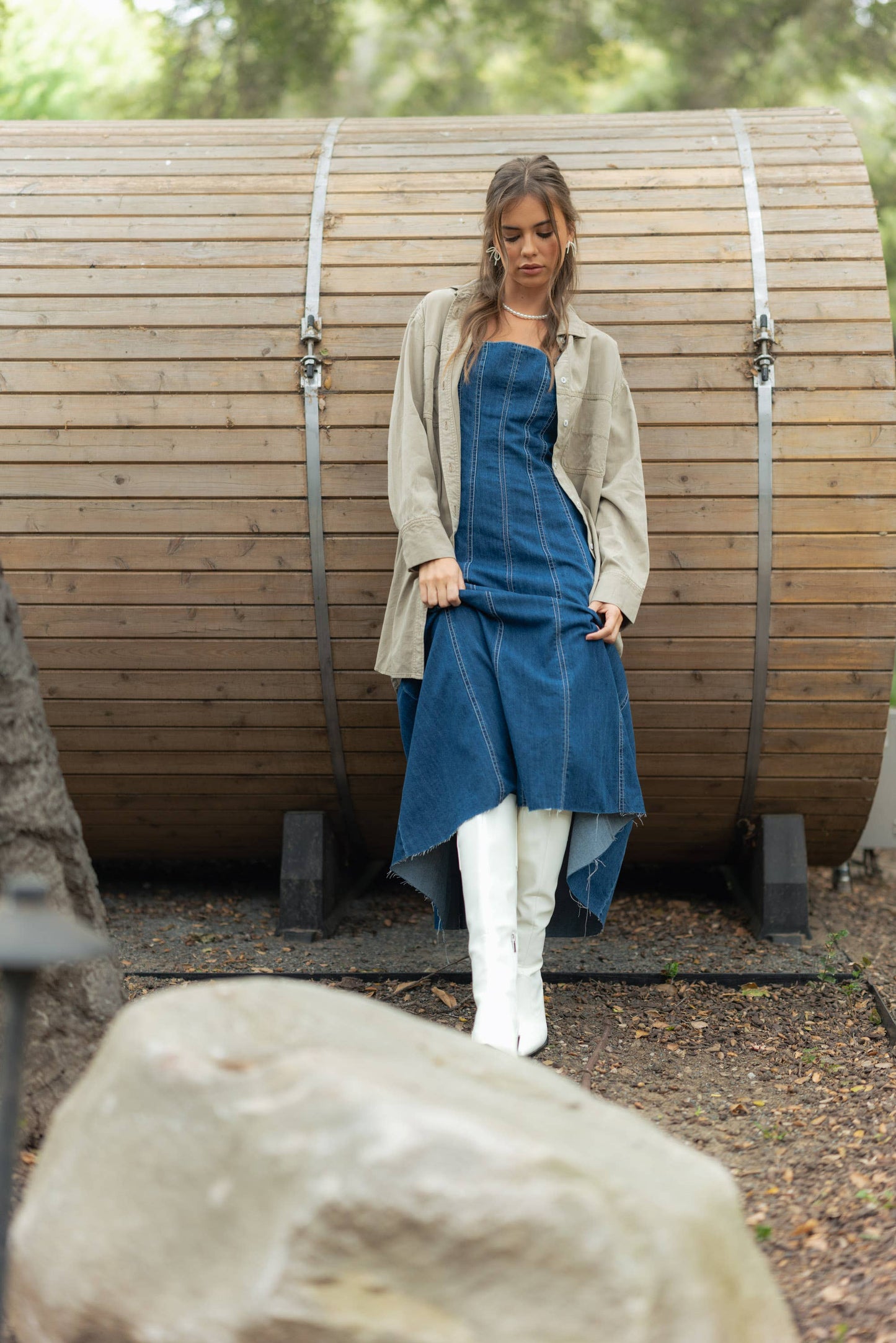 D3099 PANELED DENIM LONG DRESS: DENIM