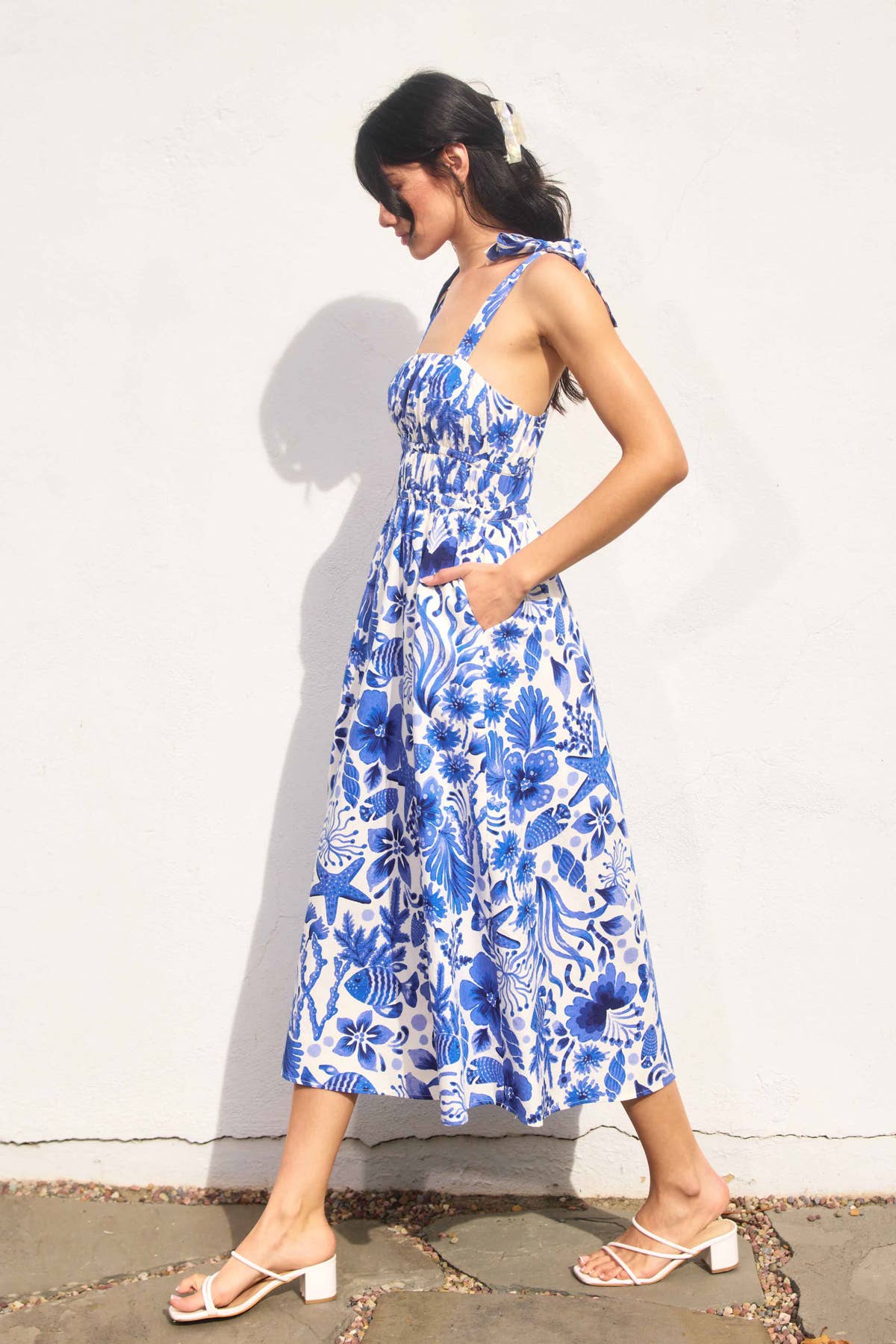 Under The Sea Shirred Fit And Flare Midi Dress: VISTA BLUE / FD11402-P1874