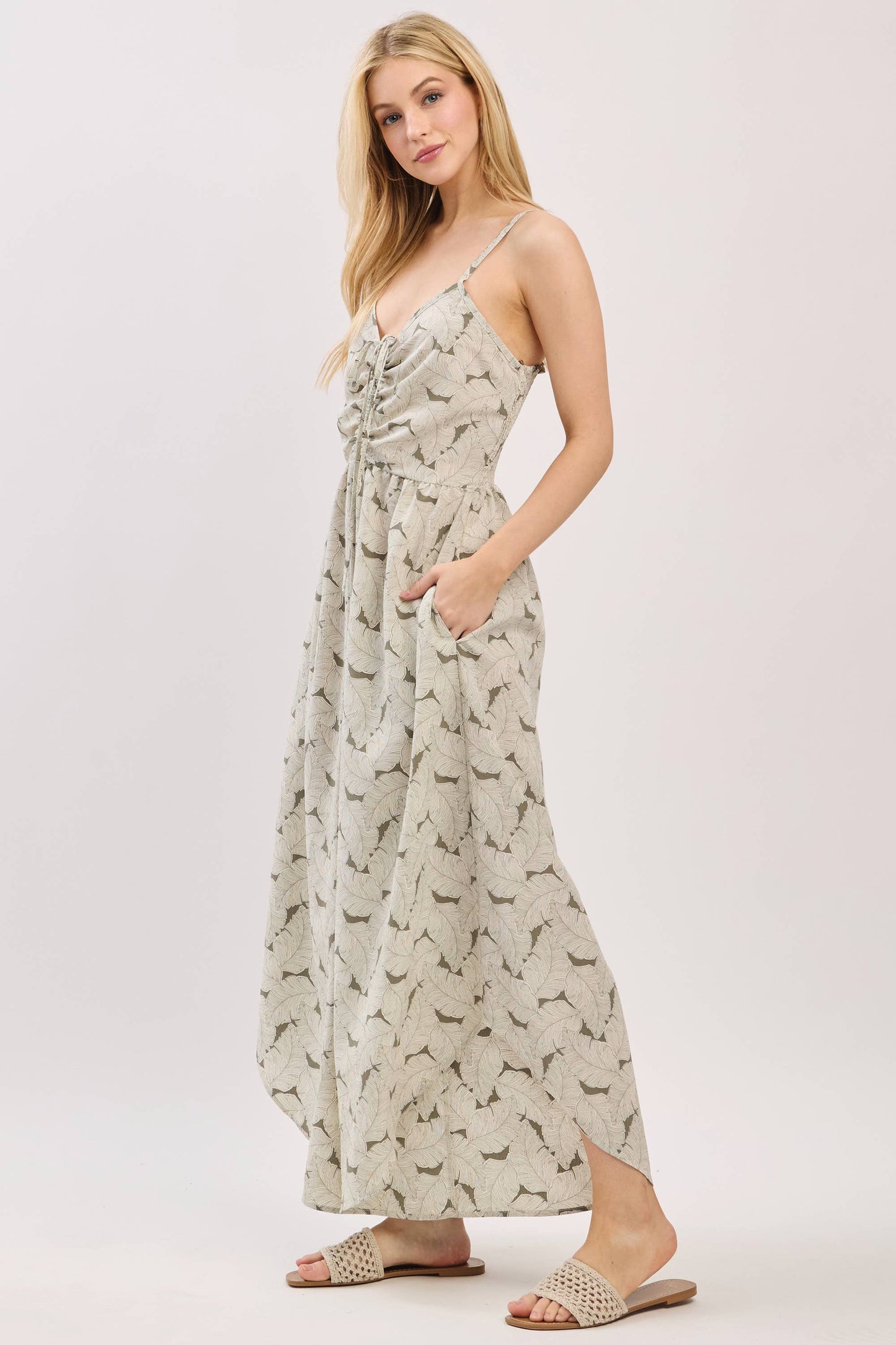 Front Ruched Round Hemming Midi Jumpsuit - VNJU60322A5: Dusty Olive