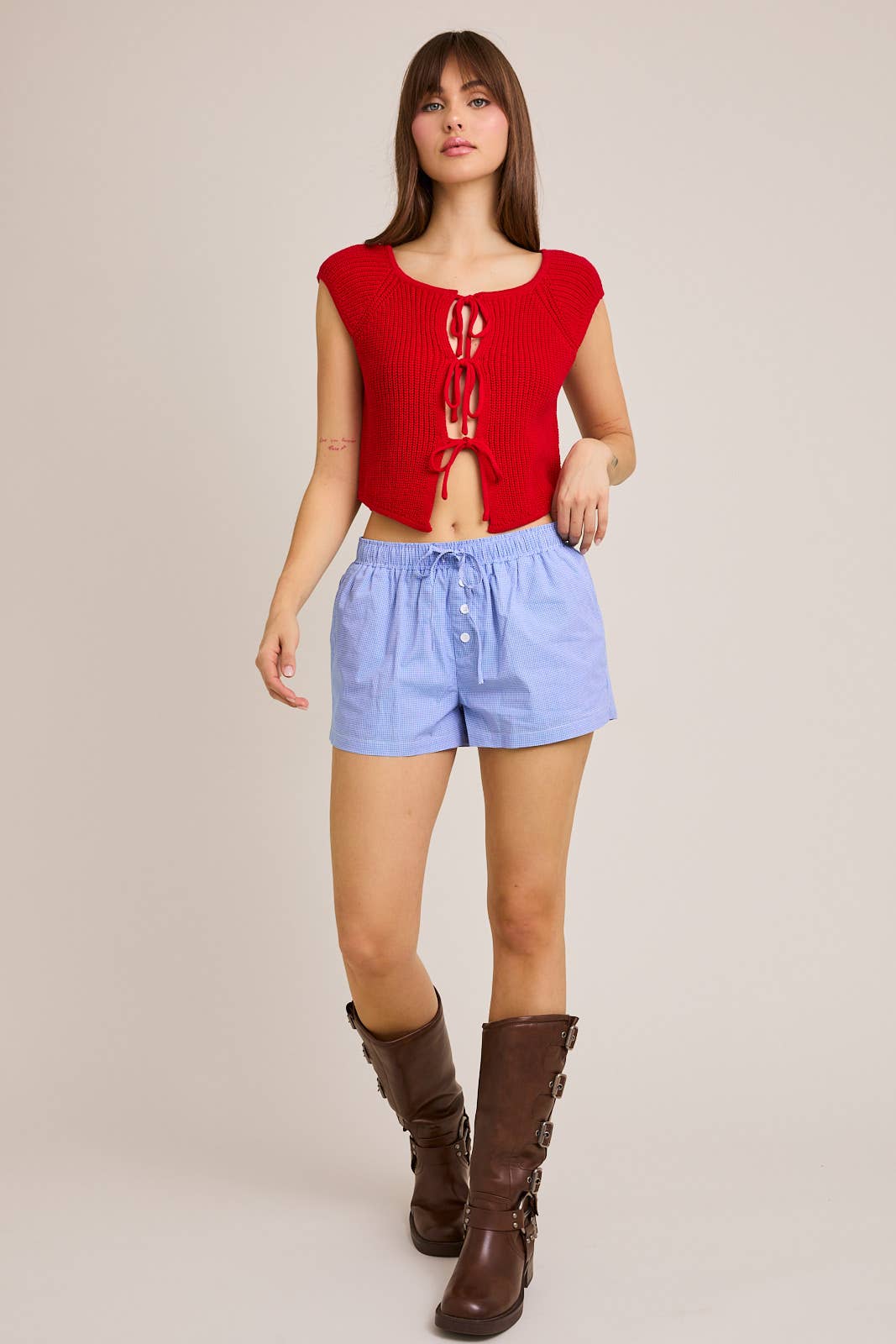 FRONT TIE SLEEVELESS SWEATER CARDIGAN: DK BROWN / BWJ1212