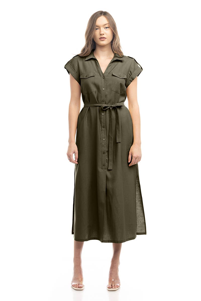 Epaulette Shoulder Shirt Maxi Dress - AD116725: Taro