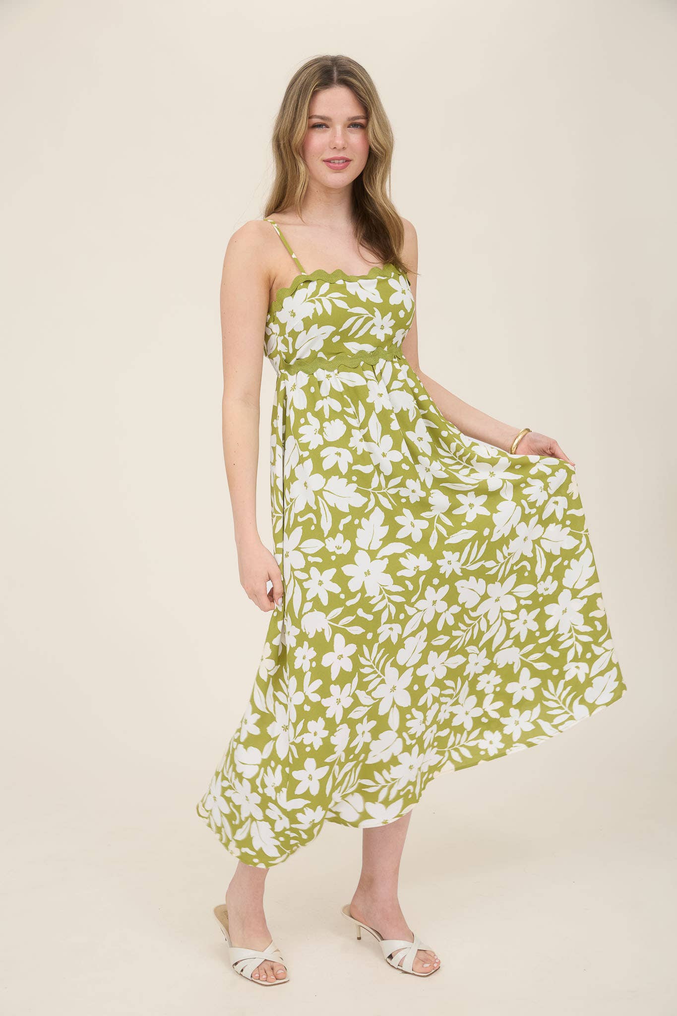 FLORAL WAVY TRIM BACK TIE MIDI DRESS: CR2562 KIWI