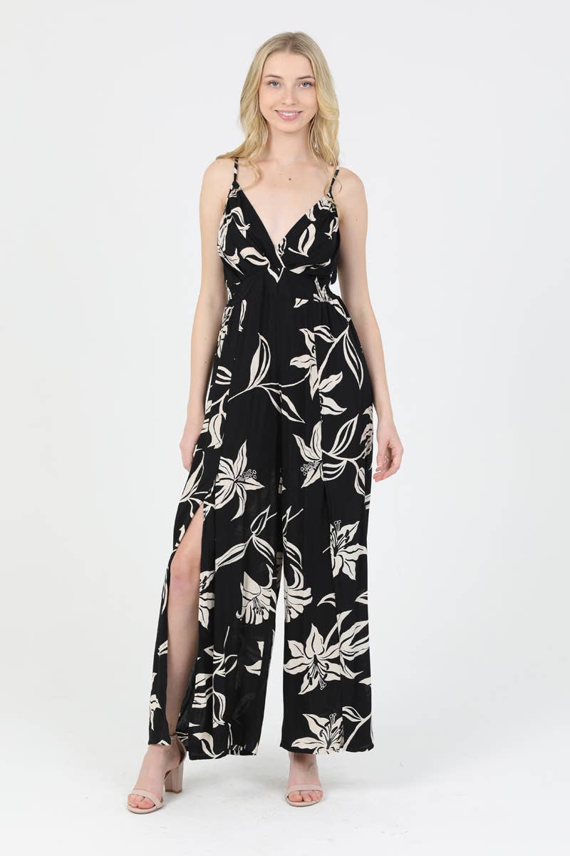 B5957-W921 V NECK SLIT LEG JUMPSUIT FLORAL PRINT: Blue