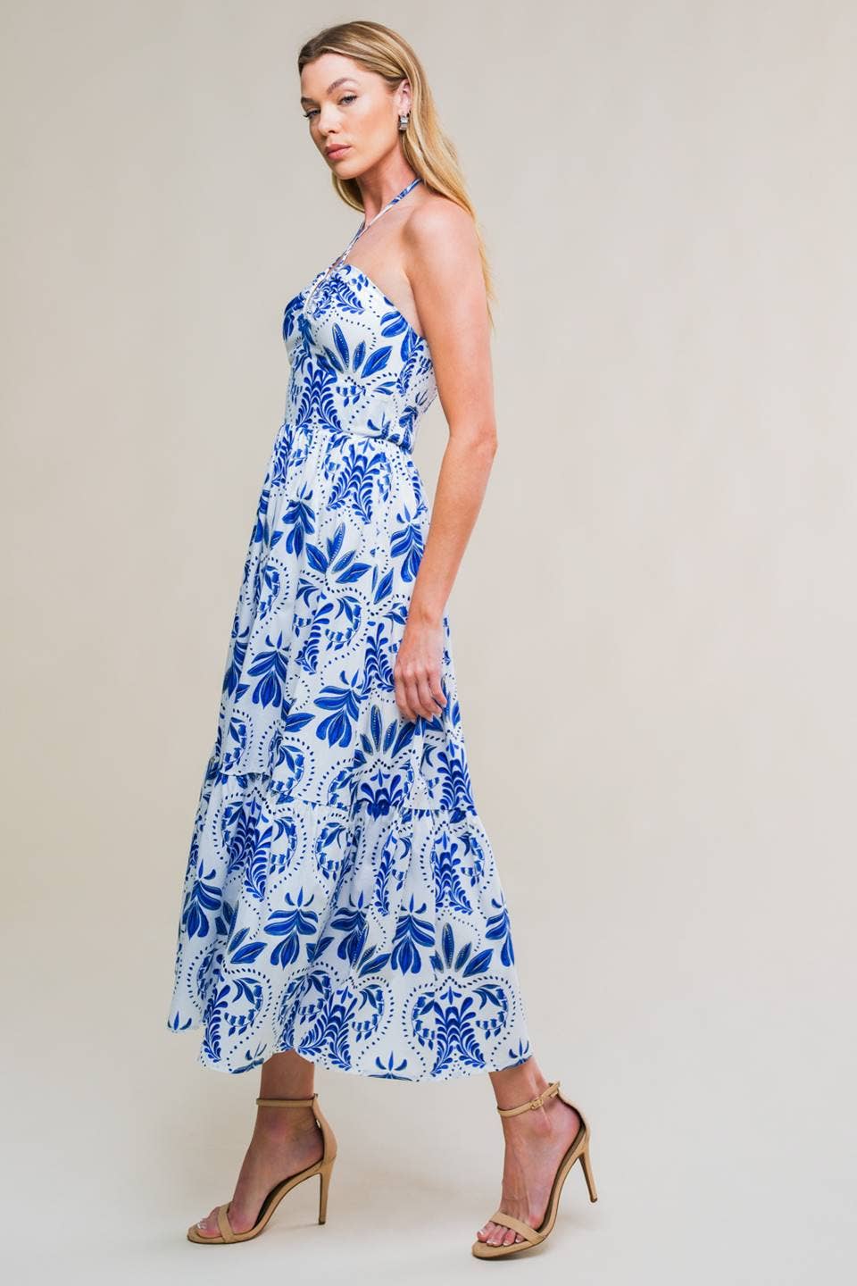 A printed woven midi dress - ID21346: WHITE BLUE