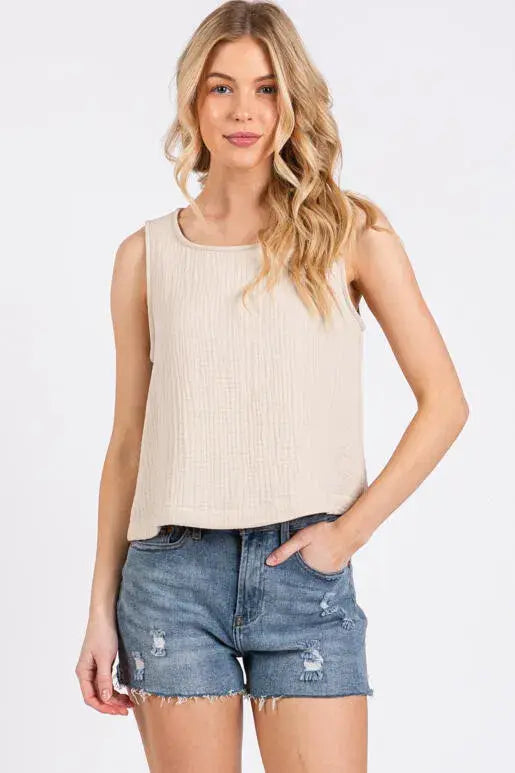 Cotton Gauze Round Neck Sleeveless Top - NT31273A: Black