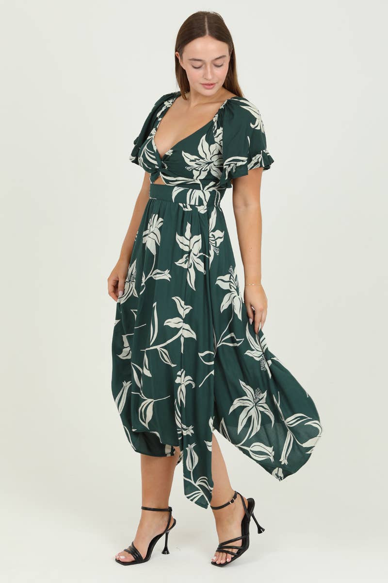 C4A03-W921V NECK TWIST FRONT CUT OUT HANKY HEM MAXI DRESS