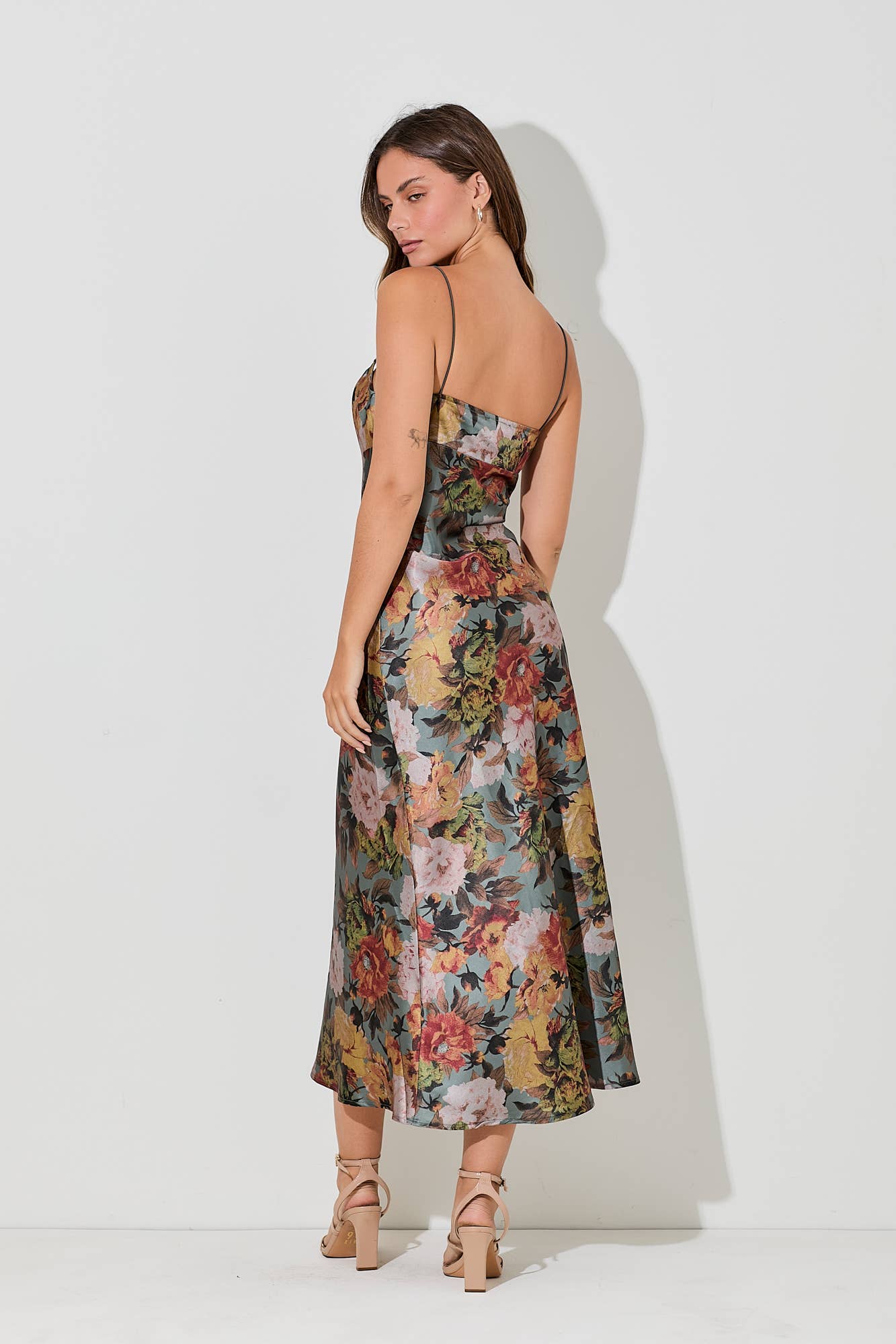 PRINTED SPAGHETTI STRAP LONG MIDI DRESS: BROWN BD5825-A