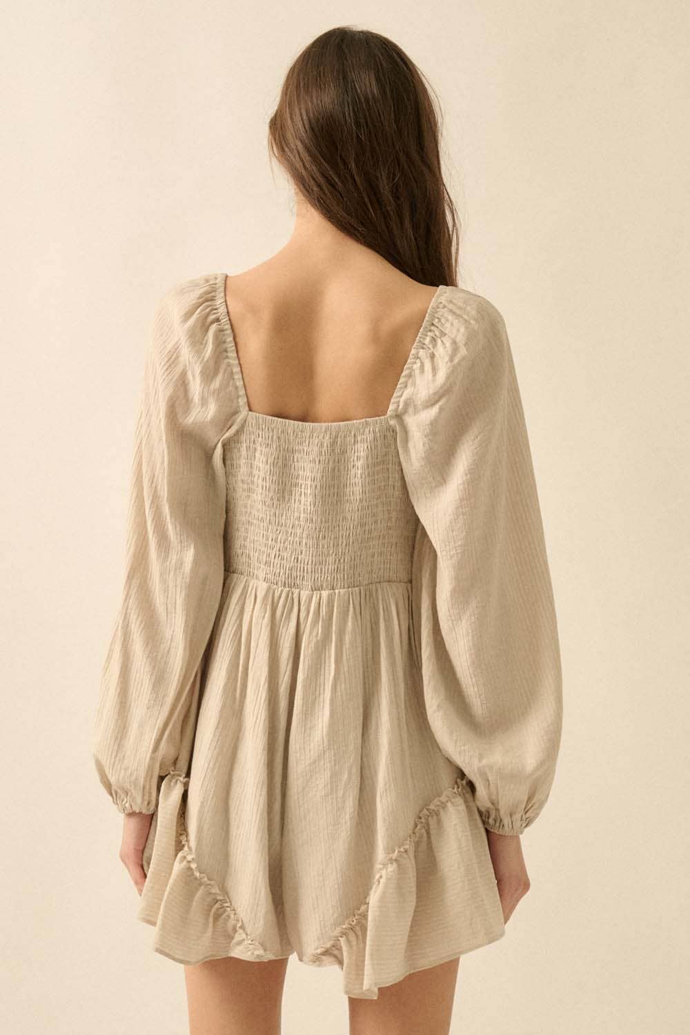 Tonal-Stripe Ruffled Tie-Front Peasant Romper: OATMEAL / NPC2301