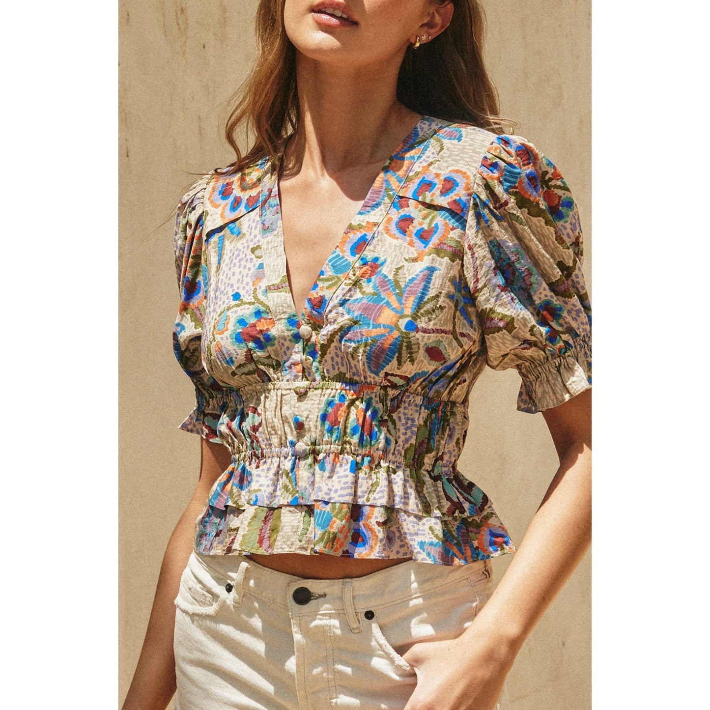 On The Dot Puff Sleeve Ruffled Top: MOSAIC VINEYARD / FT11900-P1696