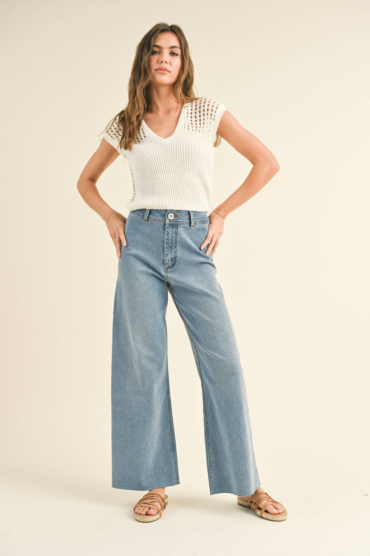 MMP623 STRAIGHT WIDE LEG DENIM PANTS: Brown