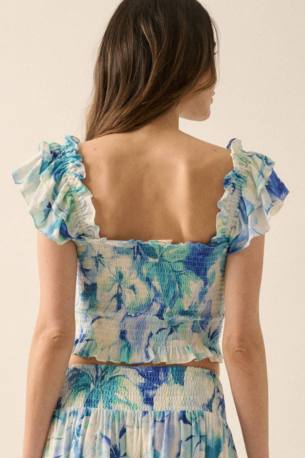 Floral Smocked Ruffle-Sleeve Off-Shoulder Crop Top: AQUA BLUE / YTC1868C