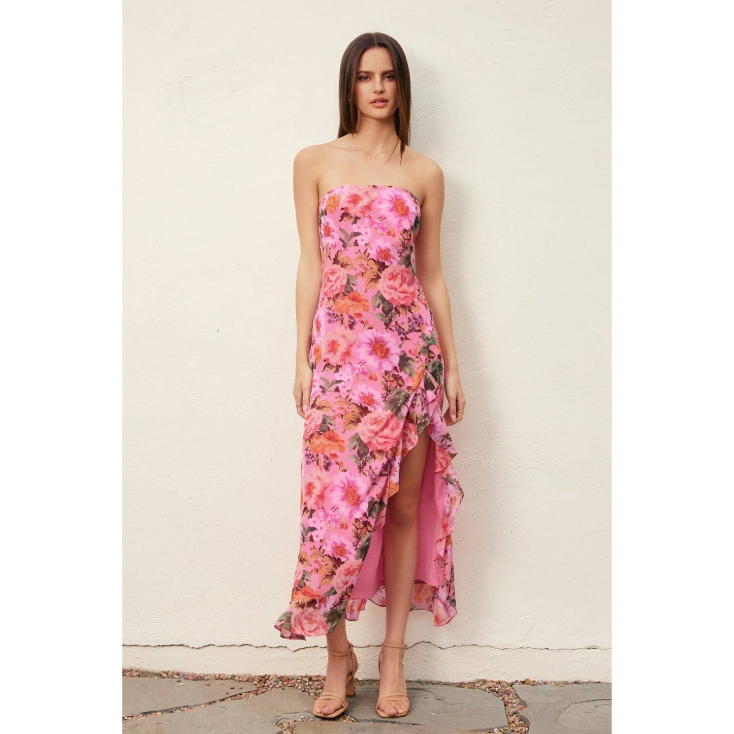 Garden Party Strapless Ruffled Slit Maxi Dress: ROSE LAVENDER / FD12726-P2091