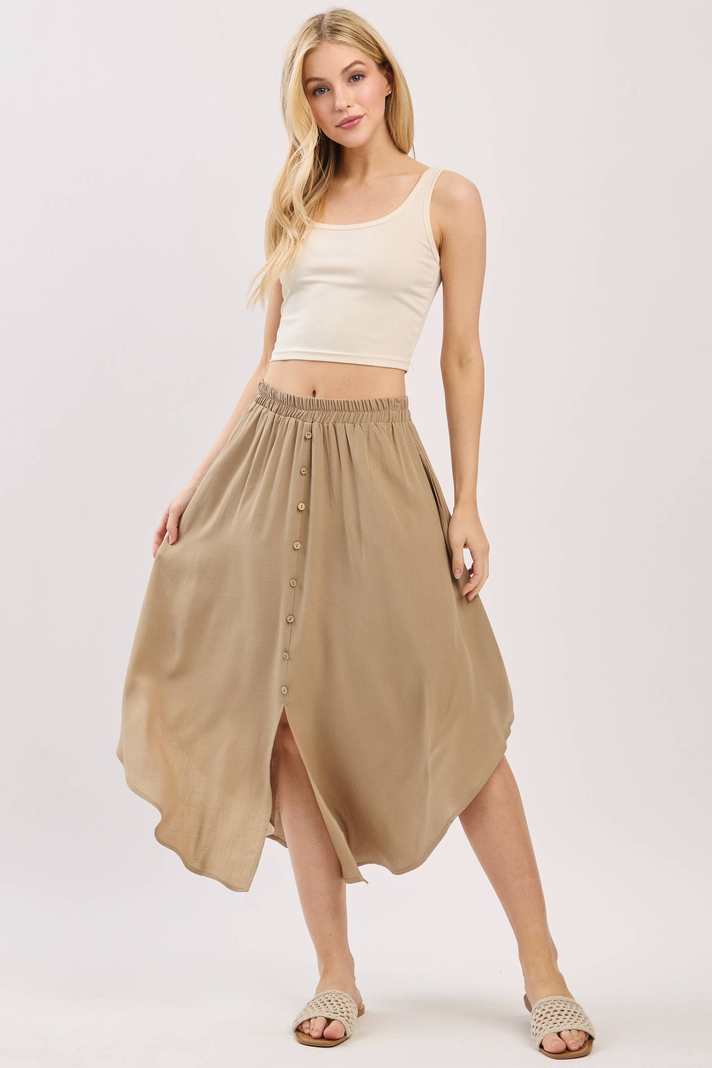 Solid Elastic Waist Midi Skirt - NS80162D: Dune