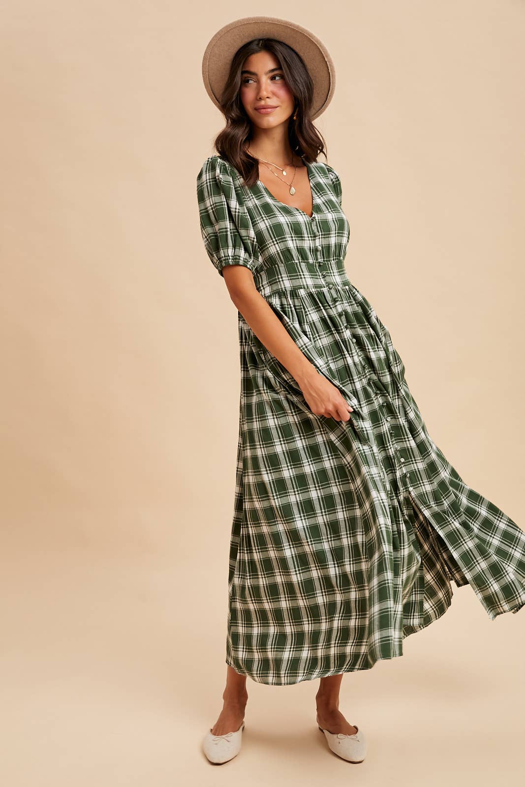 PLAID BUTTON DOWN MAXI DRESS: CHESTNUT / ILD6400