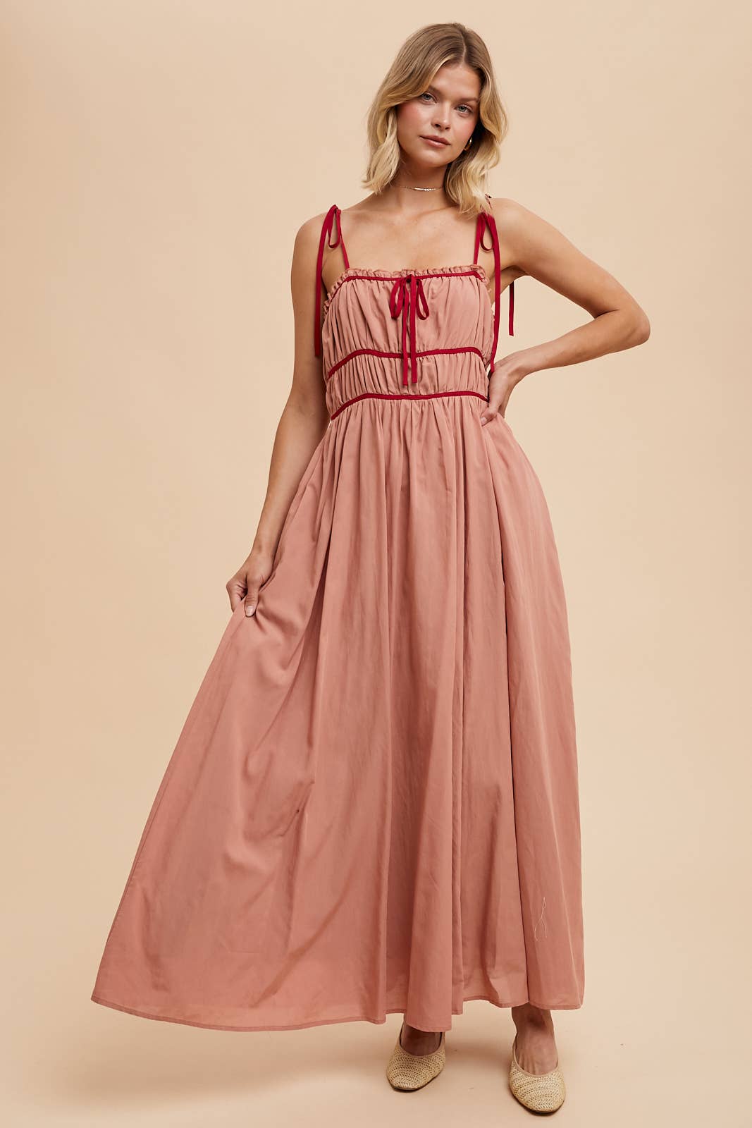 COTTON BLEND CONTRAST TRIM MAXI DRESS: BUTTERCREAM / ILD5742