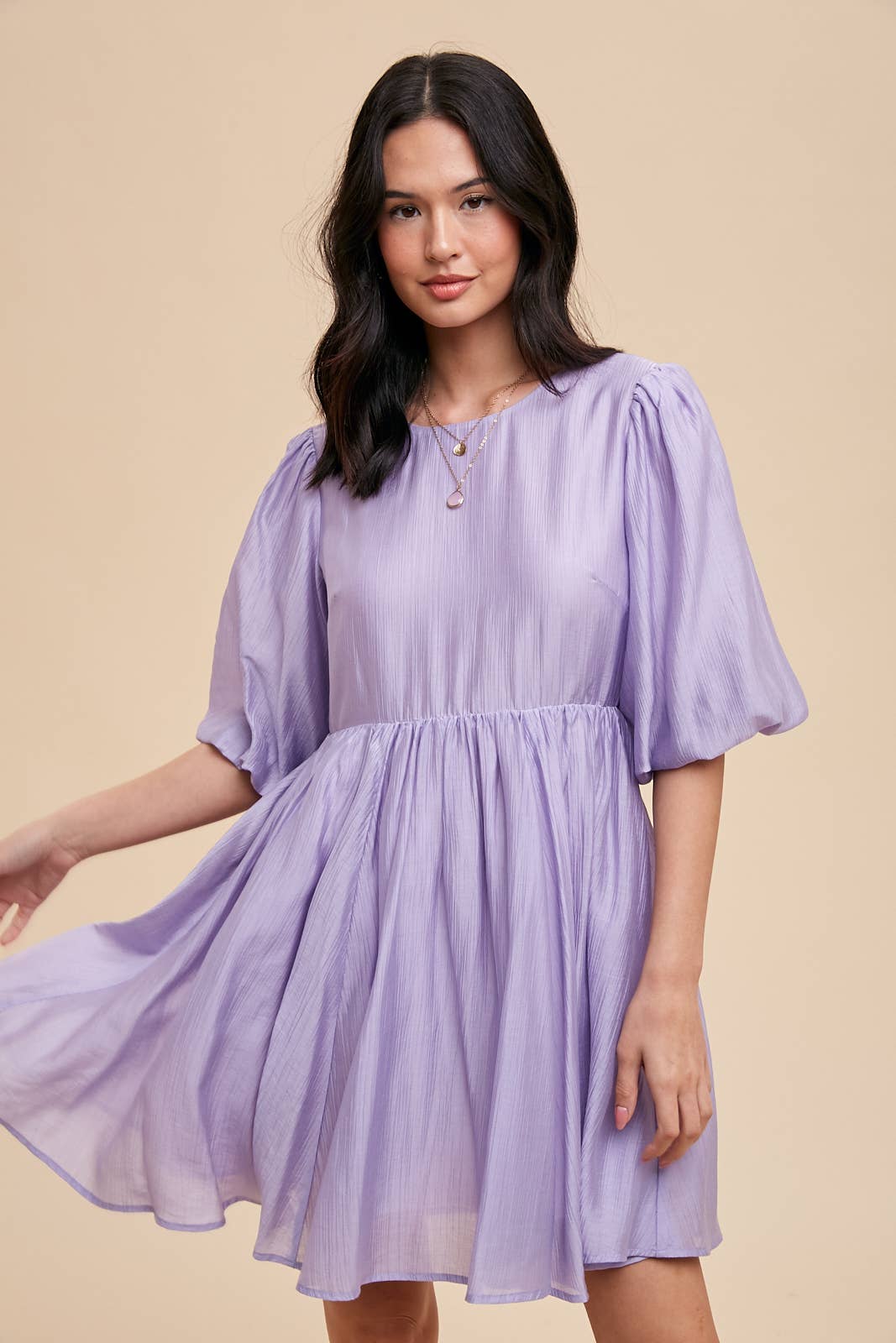 TENCEL BLEND PUFF SLEEVE MINI DRESS: ILD5681 / OFF WHITE