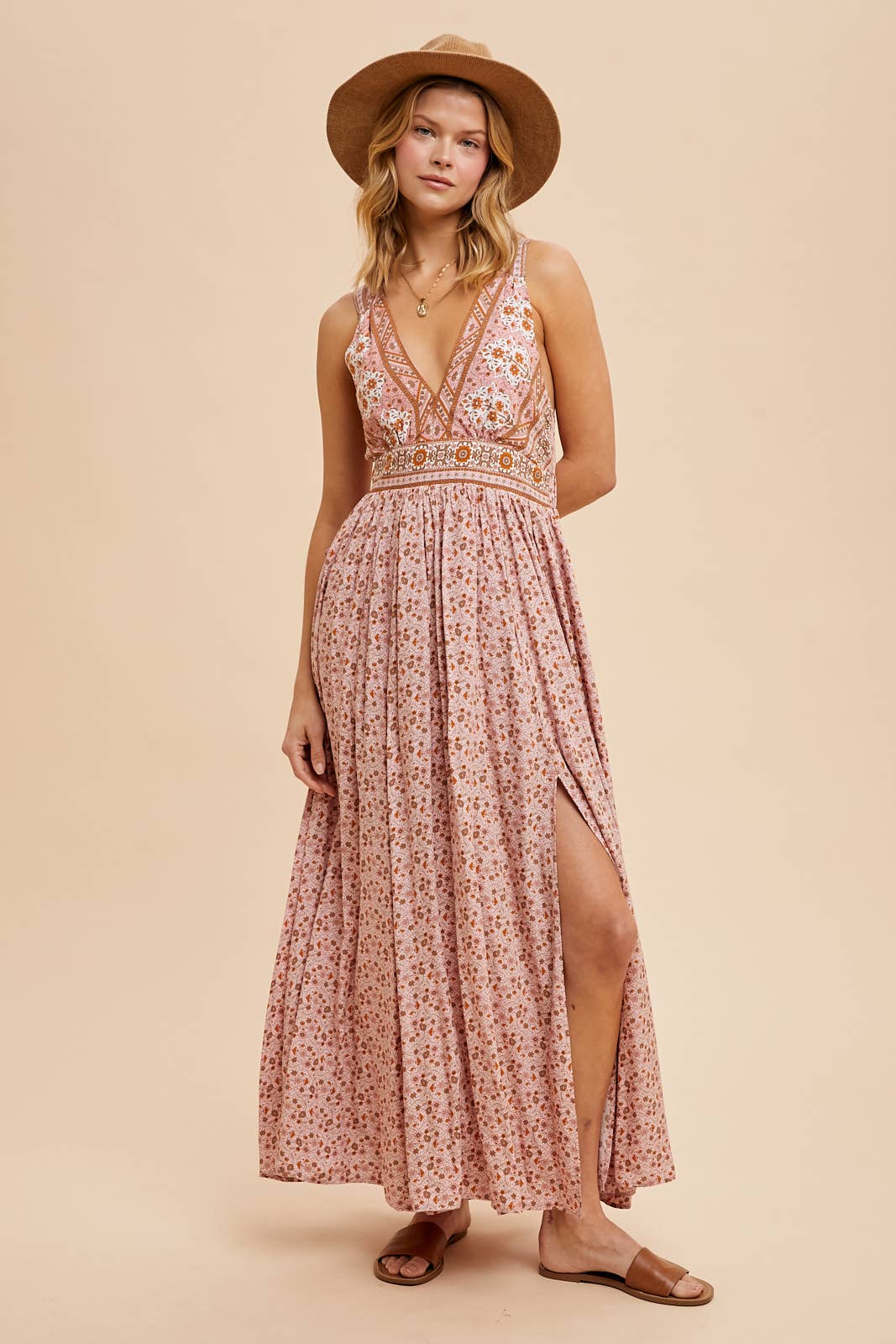 BORDER PRINT SLEEVELESS MAXI DRESS: DUSTY INDIGO / ILD5702