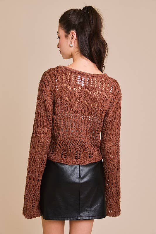 Front Tie Crochet Effect Sweater Top: Brown / SWJ2251