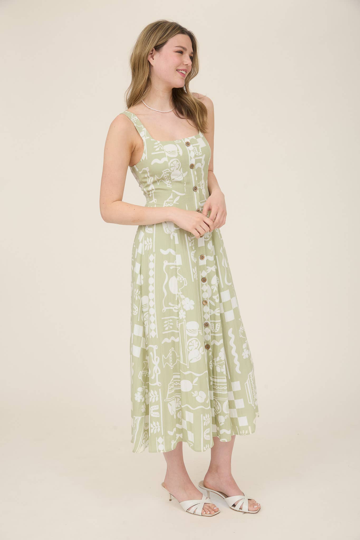 CR2560 BUTTON DOWN SLEEVELESS MIDI DRESS: KHAKI