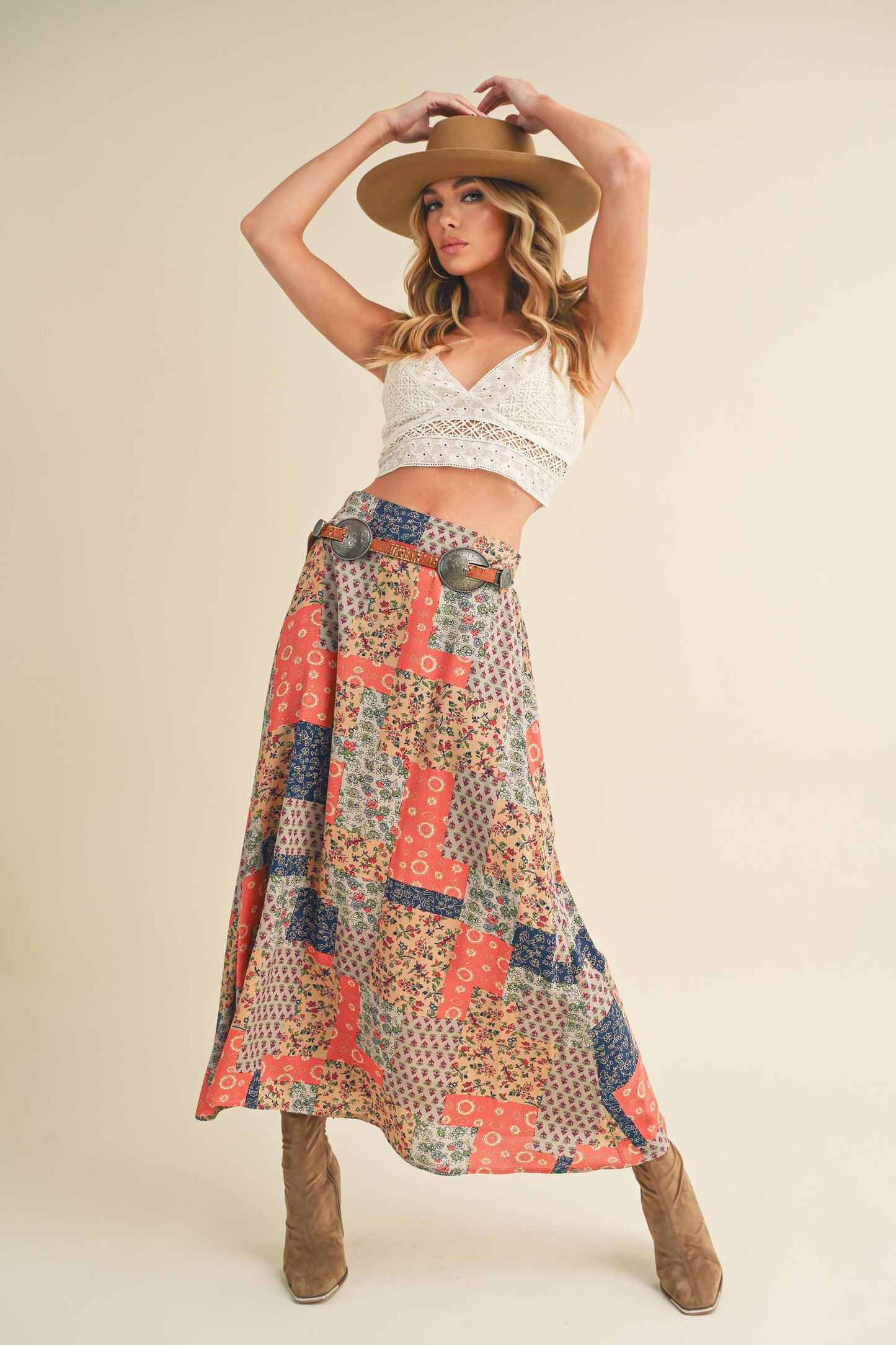 773DN-C6 Bradyn Patchwork Print Skirt / Mint/Pink