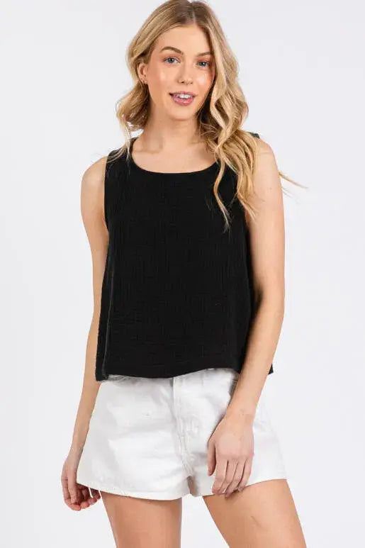 Cotton Gauze Round Neck Sleeveless Top - NT31273A: Black