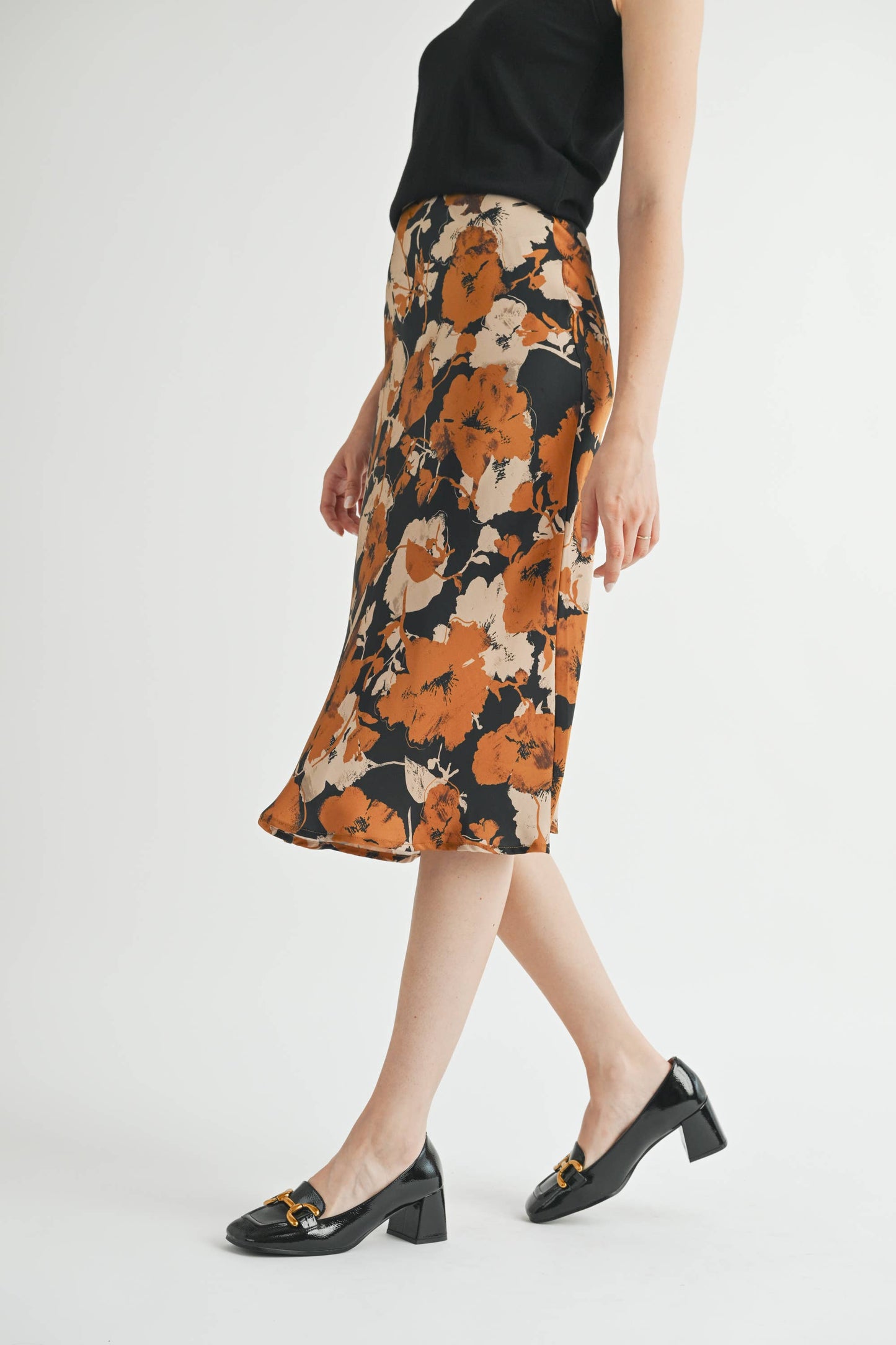 FLOWER PRINT BIAS CUT MIDI SKIRT : BLACK COMBO / FS67306