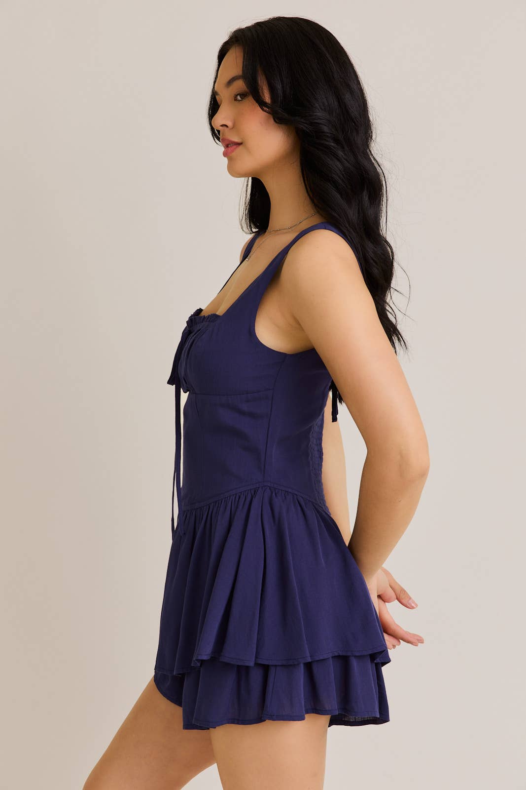 SLEEVELESS ROMPER WITH SMOCKING BACK AND SIDE ZIPPER: NAVY / PM6210