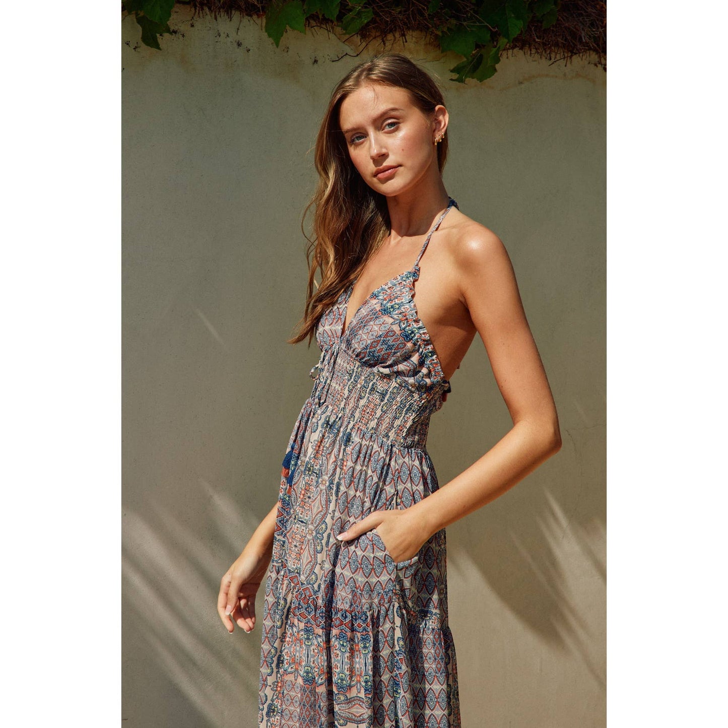 Ethnic Print Halter Open Back Maxi Dress: MOSAIC BLUE / FD10268-P394