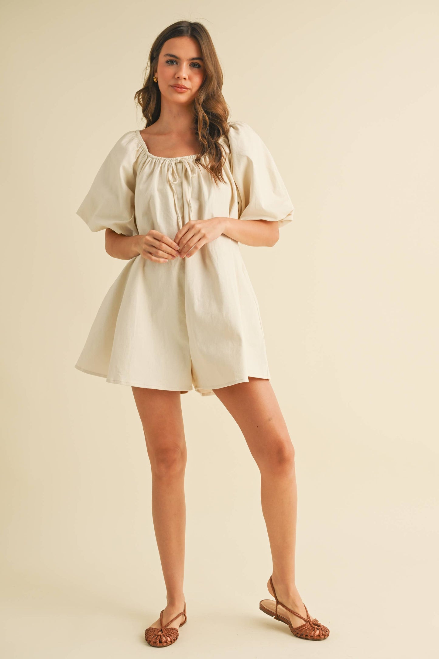 IR2196-A PUFF SLEEVE RELAXED FIT BOXY DENIM ROMPER: CREAM