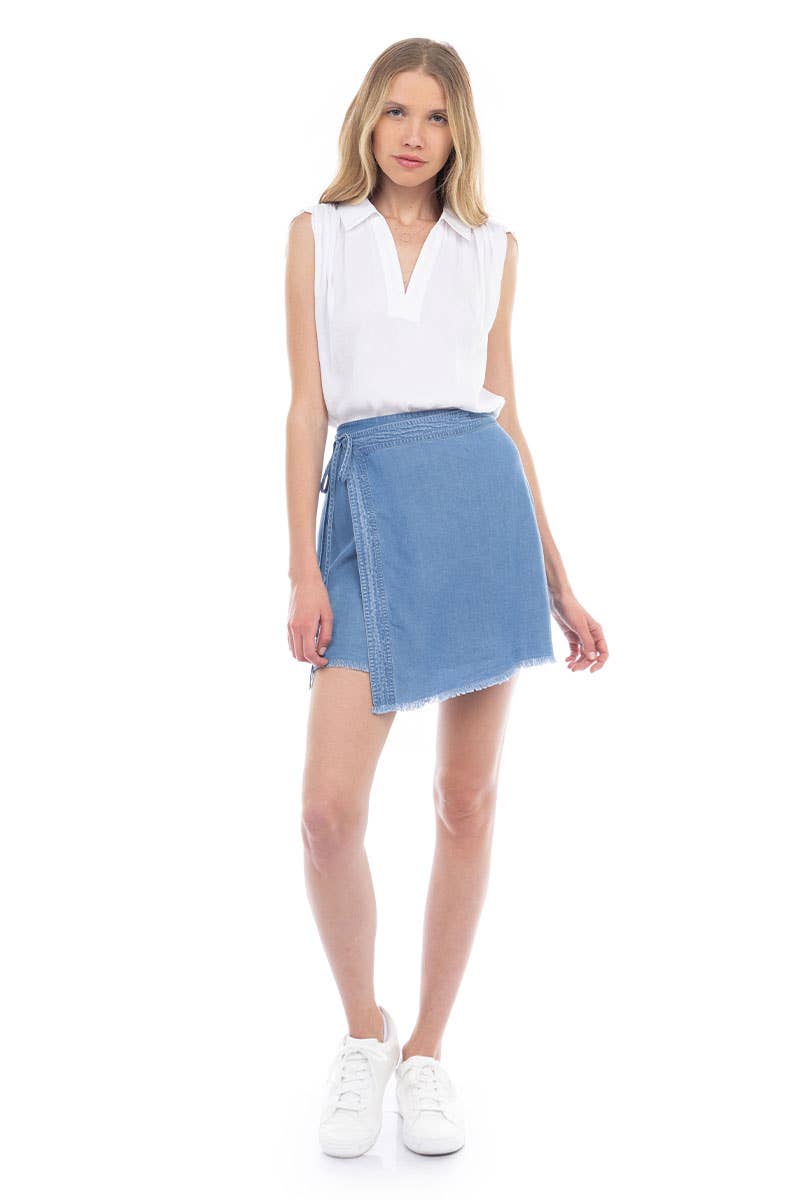 TENCEL™ Asymmetrical Wrap Skirt With Fray Hem - ES119171: Vintage Blue