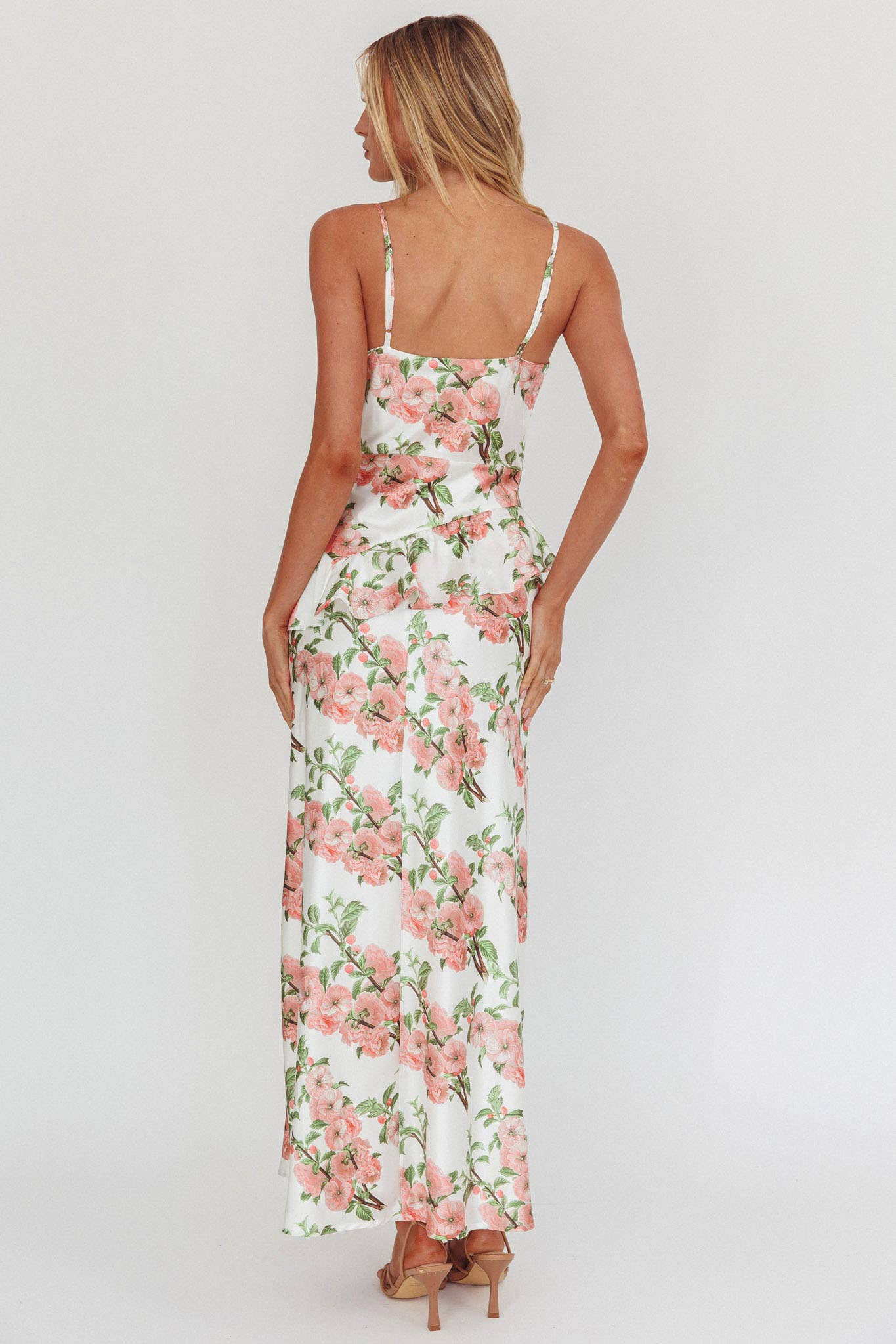SATIN FLORAL MAXI DRESS / CM6571D01: BLUSH