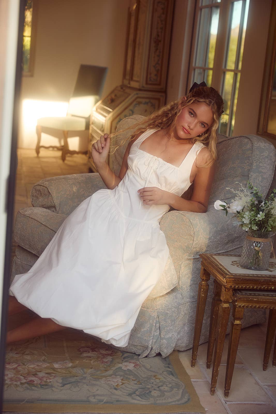 SQUARE NECK BUBBLE HEM MIDI DRESS : White / SD2742