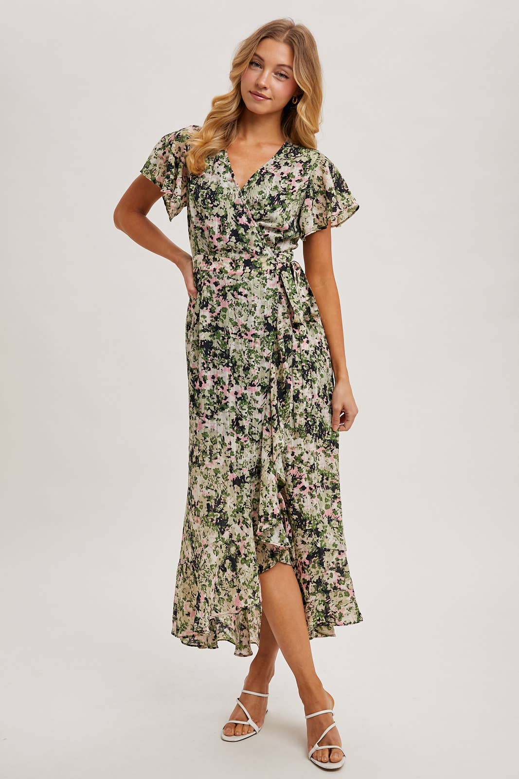 FLORAL PRINT WRAP RUFFLED MIDI DRESS: BLUE D02356