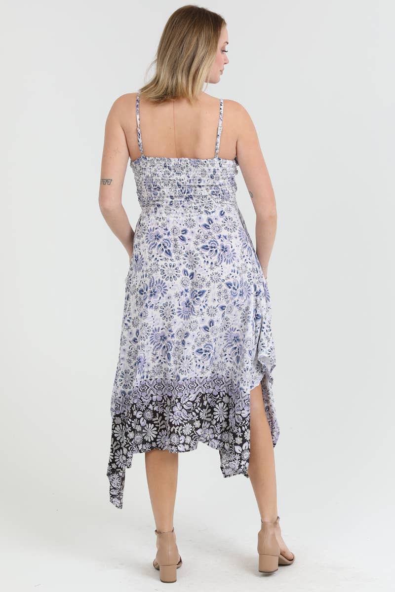 C4921-A919 V NECK TWIST FRONT CUT OUT HANKY HEM MIDI DRESS
