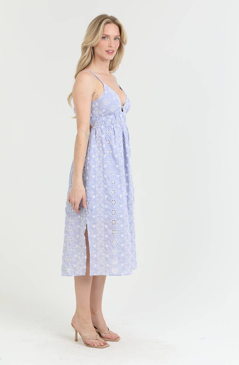 C4F92-EM26 EYELET EMBBROIDERED TIE BACK MIDI DRESS