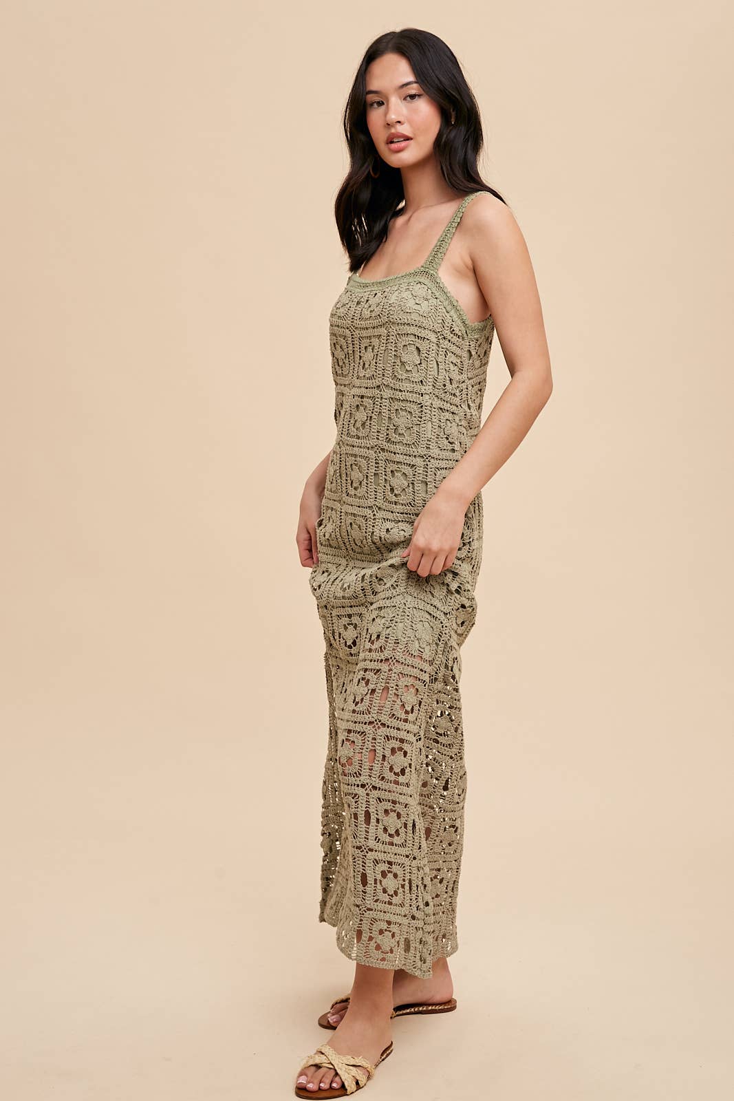 COTTON CROCHET MAXI TANK DRESS: DUSTY OLIVE / ILD5424-N
