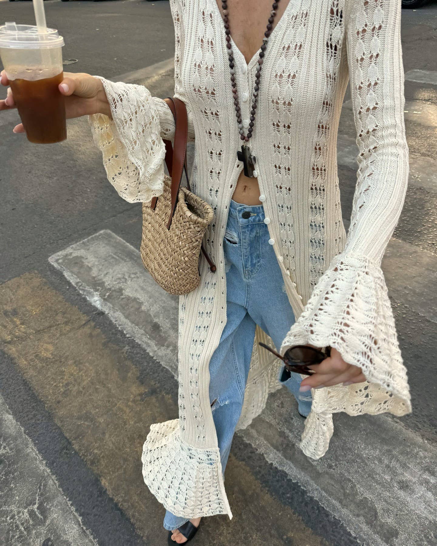 Y2K Hollow Bell Sleeves Crochet Maxi Cardigan: Coffee / RCJW03442-Coffee